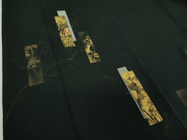 平和屋着物●訪問着 刺繍 手描き 短冊花文 黒地 金彩 正絹 逸品 DABE5160ps