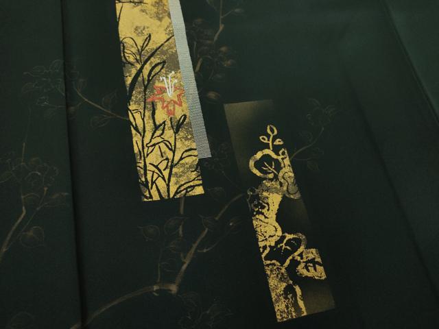 平和屋着物●訪問着 刺繍 手描き 短冊花文 黒地 金彩 正絹 逸品 DABE5160ps