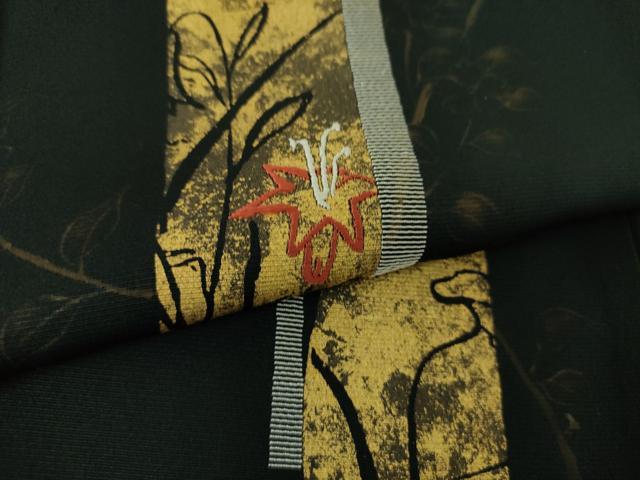 平和屋着物●訪問着 刺繍 手描き 短冊花文 黒地 金彩 正絹 逸品 DABE5160ps