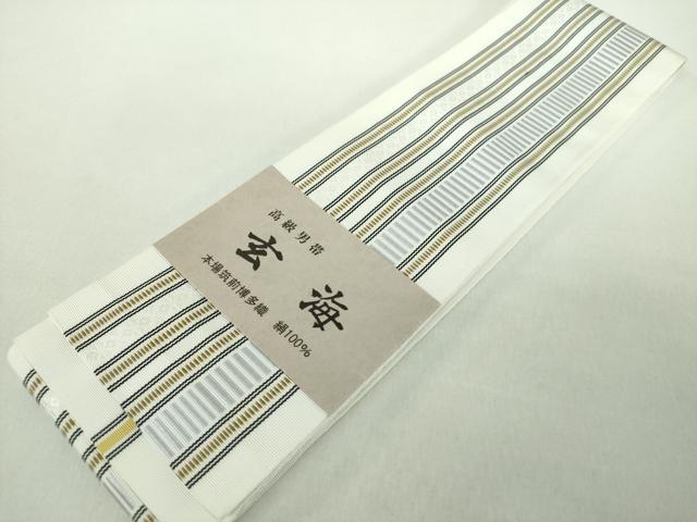 平和屋着物●男性 本場筑前博多織 両面 角帯 玄海 献上 井上絹織謹製 博多金ラベル 証紙付き 正絹 逸品 未使用 DABE5218ps