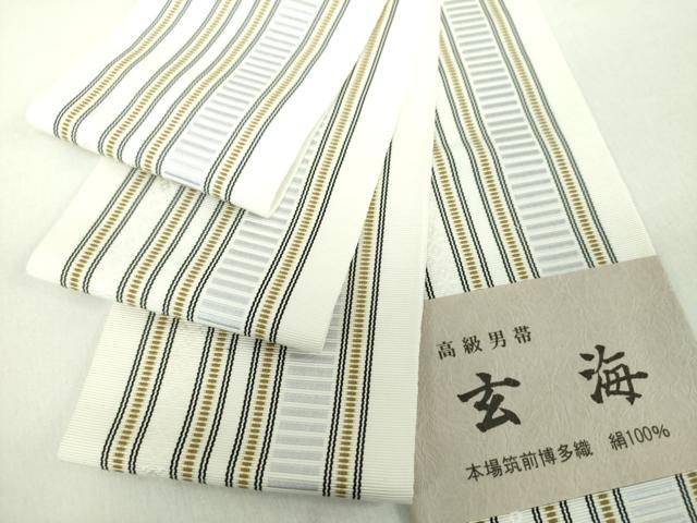 平和屋着物●男性 本場筑前博多織 両面 角帯 玄海 献上 井上絹織謹製 博多金ラベル 証紙付き 正絹 逸品 未使用 DABE5218ps