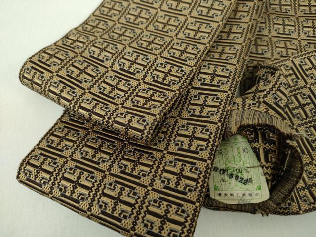 平和屋着物●男性 本場筑前博多織 角帯 幾何学文様 証紙付き 正絹 逸品 DABE5276ps