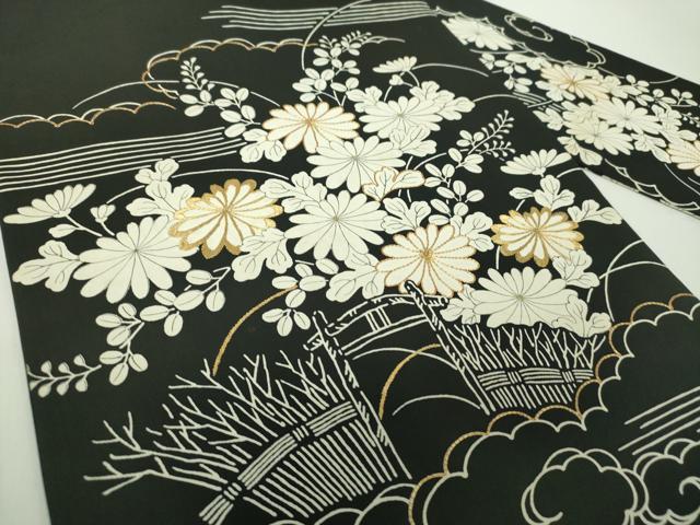 平和屋着物●塩瀬 九寸名古屋帯 駒刺繍 雲取り柴垣花文 黒地 金糸 正絹 逸品 DABE5316ps