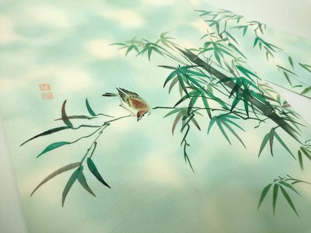 平和屋着物●塩瀬 九寸名古屋帯 作家物 手描き 雀 笹竹文 正絹 逸品 DABE5317ps