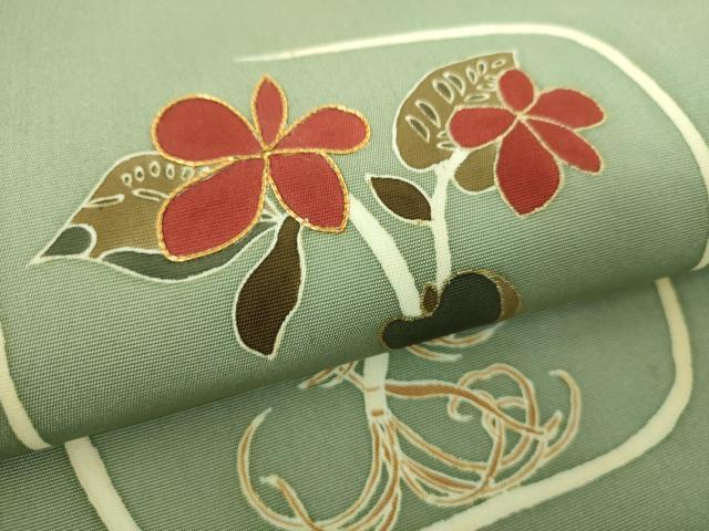 平和屋着物●塩瀬 九寸名古屋帯 駒刺繍 草花文 金彩 正絹 逸品 DABE5318ps