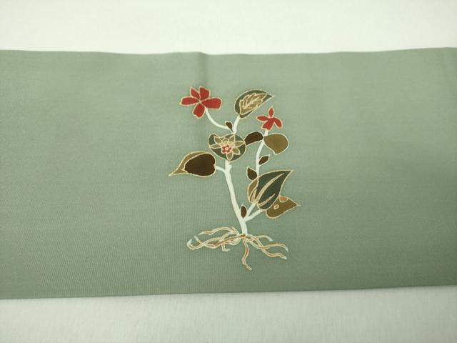 平和屋着物●塩瀬 九寸名古屋帯 駒刺繍 草花文 金彩 正絹 逸品 DABE5318ps
