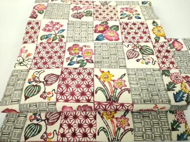 平和屋着物●九寸名古屋帯 型染 市松花文 正絹 逸品 DABE5319ps