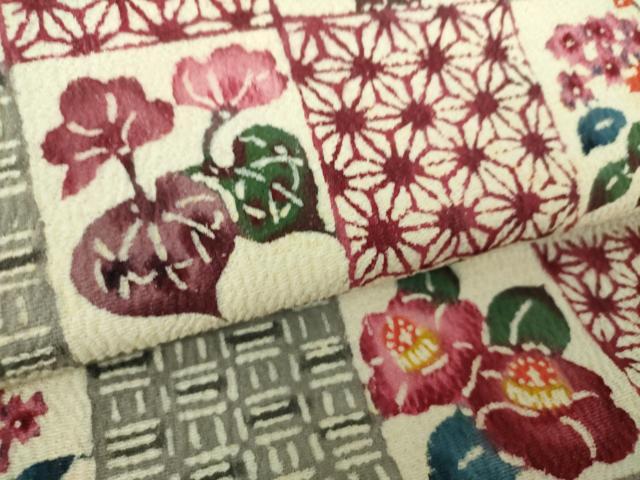 平和屋着物●九寸名古屋帯 型染 市松花文 正絹 逸品 DABE5319ps