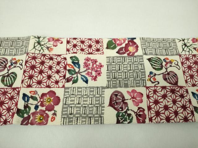 平和屋着物●九寸名古屋帯 型染 市松花文 正絹 逸品 DABE5319ps