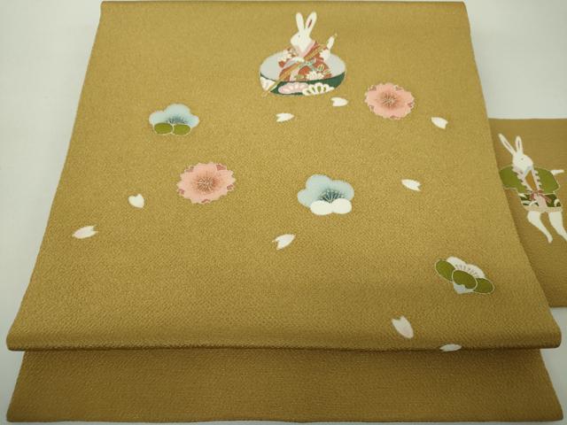 平和屋着物●九寸名古屋帯 兎 一寸法師 舞桜 鬼しぼ縮緬 金彩 正絹 逸品 未使用 DABE5321ps