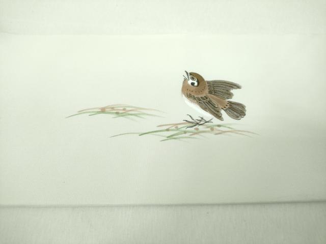 平和屋着物●塩瀬 九寸名古屋帯 作家物 手描き 雀 正絹 逸品 DABE5325ps