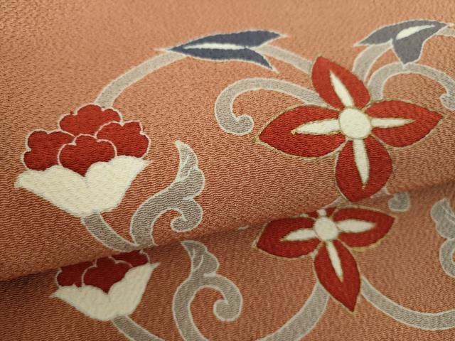 平和屋着物●九寸名古屋帯 刺繍 更紗花唐草文 金彩 正絹 逸品 未使用 DABE5328ps
