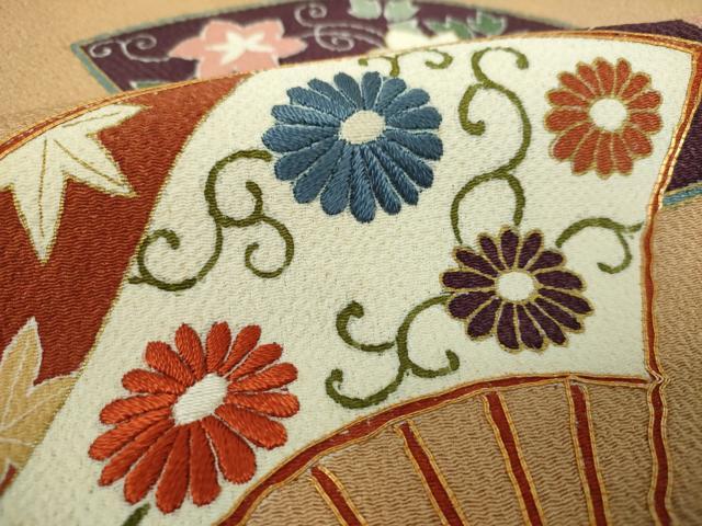 平和屋着物●九寸名古屋帯 駒刺繍 扇面花文 鬼しぼ縮緬 金彩 正絹 逸品 DABE5329ps