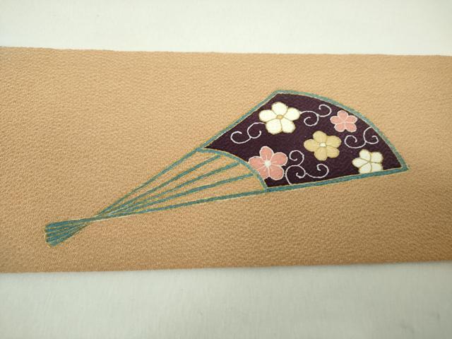 平和屋着物●九寸名古屋帯 駒刺繍 扇面花文 鬼しぼ縮緬 金彩 正絹 逸品 DABE5329ps