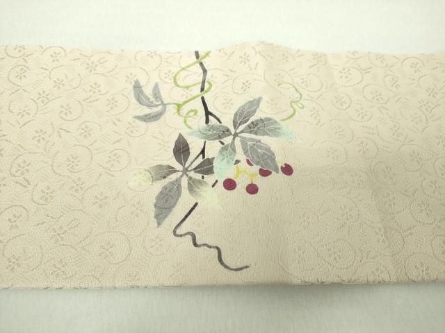 平和屋着物●九寸名古屋帯 友禅 南天文 正絹 逸品 未使用 DABE5334ps