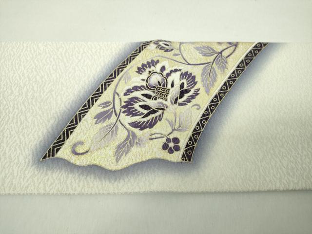 平和屋着物●九寸名古屋帯 刺繍 貝紫 更紗花文 金銀彩 銀通し地 正絹 逸品 未使用 DABE5335ps