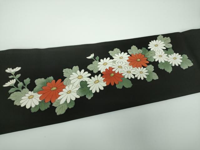 平和屋着物●塩瀬 九寸名古屋帯 手描き 草花文 黒地 金彩 正絹 逸品 DABE5350ps