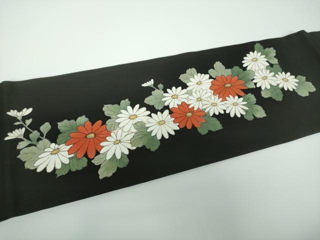 平和屋着物●塩瀬 九寸名古屋帯 手描き 草花文 黒地 金彩 正絹 逸品 DABE5350ps