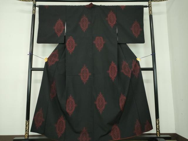 平和屋着物●本塩沢 花菱文 黒地 正絹 逸品 DABE5398ps