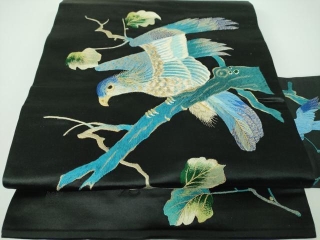 平和屋着物●アンティーク 大正ロマン 九寸名古屋帯 総手刺繍 鷹 黒地 金糸 正絹 逸品 DABE5460ps