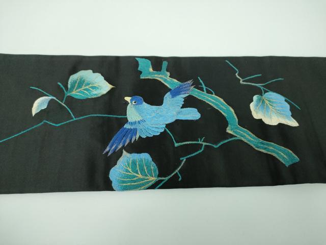 平和屋着物●アンティーク 大正ロマン 九寸名古屋帯 総手刺繍 鷹 黒地 金糸 正絹 逸品 DABE5460ps