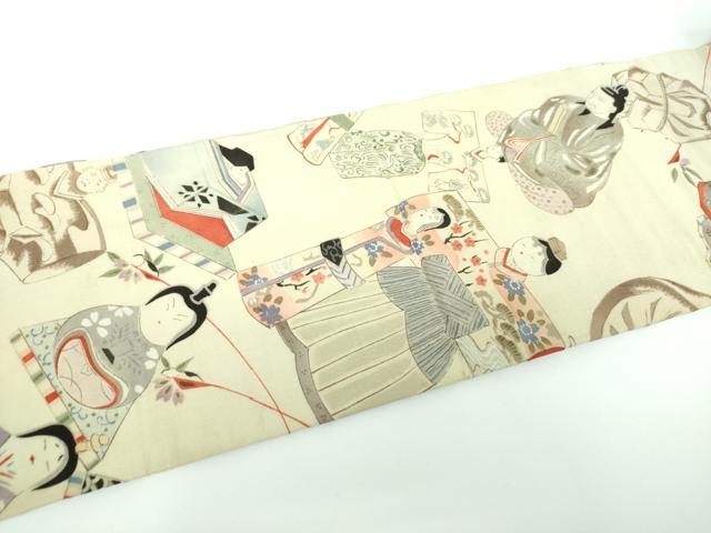平和屋着物●アンティーク 大正ロマン 九寸名古屋帯 手描き 人物文 玩具文様 正絹 逸品 DABE5462ps