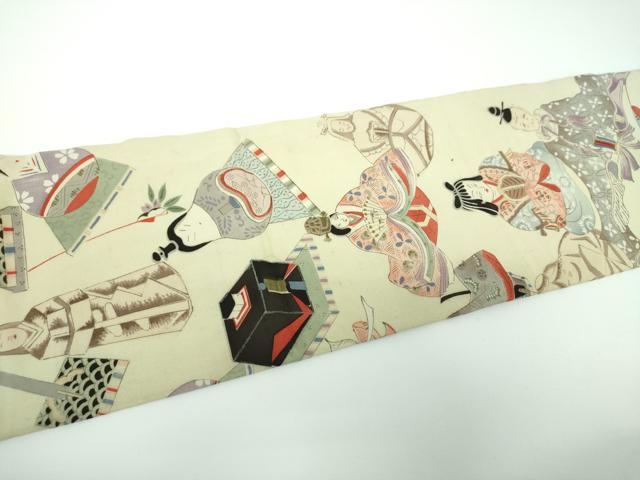 平和屋着物●アンティーク 大正ロマン 九寸名古屋帯 手描き 人物文 玩具文様 正絹 逸品 DABE5462ps