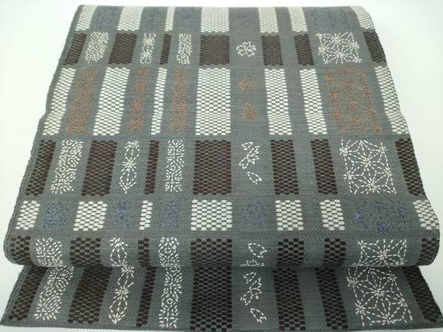 平和屋着物●八寸名古屋帯 紬地 刺し子 麻の葉花間道 正絹 逸品 DABE5464ps