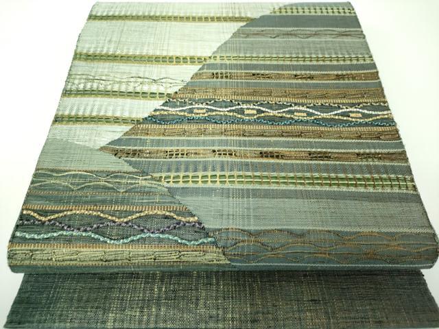平和屋着物●太鼓柄袋帯 紬地 もじり織 横段文 正絹 逸品 DABE5472ps