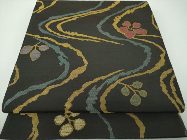 平和屋着物●全通柄 京袋帯 紬地 流水花文 金糸 正絹 逸品 DABE5479ps