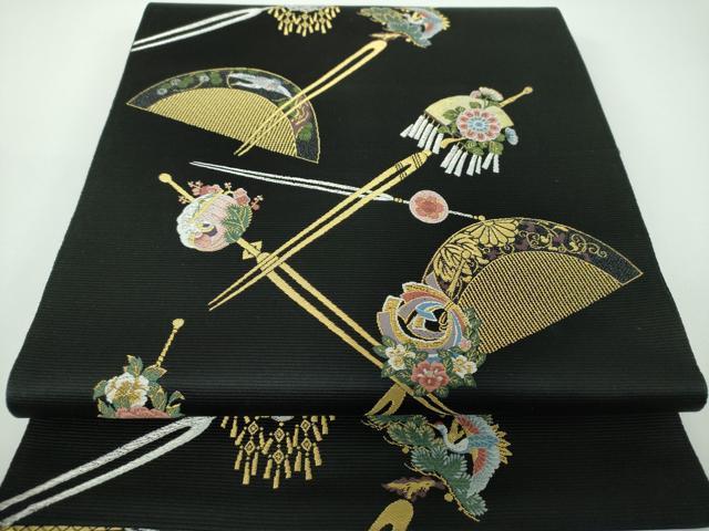 平和屋着物●西陣の老舗 1782年創業 山下織物 六通柄袋帯 唐織 若采集 黒地 金銀糸 正絹 逸品 DABE5503ps