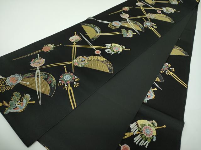 平和屋着物●西陣の老舗 1782年創業 山下織物 六通柄袋帯 唐織 若采集 黒地 金銀糸 正絹 逸品 DABE5503ps