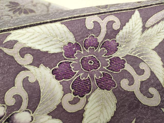 平和屋着物●太鼓柄袋帯 刺繍 貝紫 鳳凰花文 金彩 銀通し地 正絹 逸品 DABE5515ps
