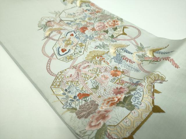 平和屋着物●太鼓柄袋帯 総刺繍 貝桶花文 金糸 正絹 逸品 未使用 DABE5518ps