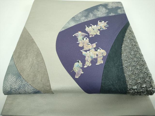 平和屋着物●金彩友禅 卓越技能者・名工・和田光正 太鼓柄袋帯 切嵌 ふくれ織 舞 踊り 金銀彩 銀通し地 正絹 逸品 DABE5541ps