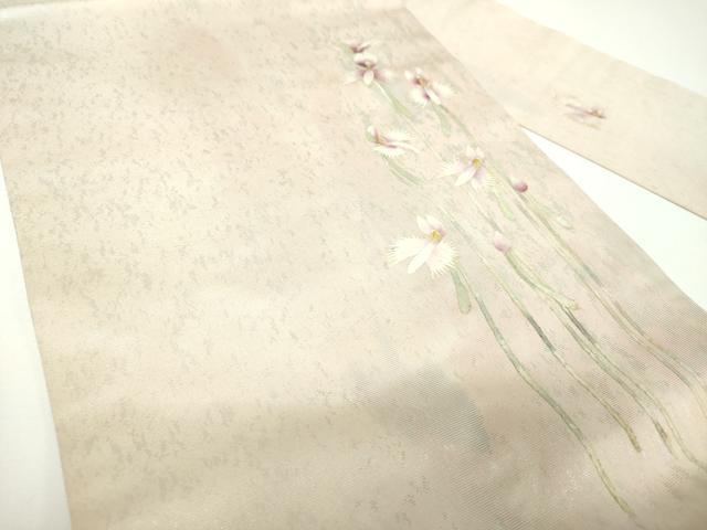 平和屋着物●九寸名古屋帯 作家物 和紙 サギ草 引箔 正絹 逸品 DABE5563ps