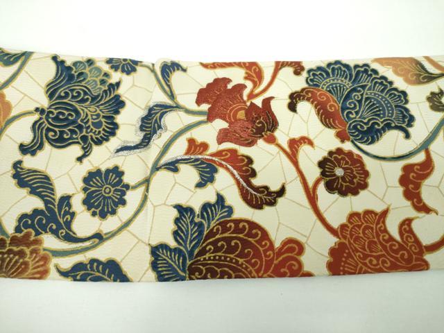 平和屋着物●九寸名古屋帯 刺繍 更紗花文 銀糸 正絹 逸品 DABE5569ps