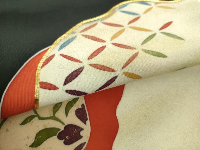 平和屋着物●塩瀬 九寸名古屋帯 駒刺繍 道長花文 黒地 金彩 正絹 逸品 DABE5572ps