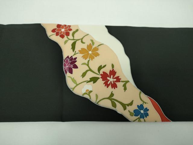 平和屋着物●塩瀬 九寸名古屋帯 駒刺繍 道長花文 黒地 金彩 正絹 逸品 DABE5572ps