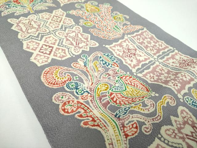 平和屋着物●九寸開き名古屋帯 型染 更紗花文 鬼しぼ縮緬 正絹 逸品 DABE5573ps