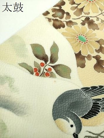平和屋着物●九寸名古屋帯 休み鳥 南天 草花文 正絹 逸品 DABE5577ps