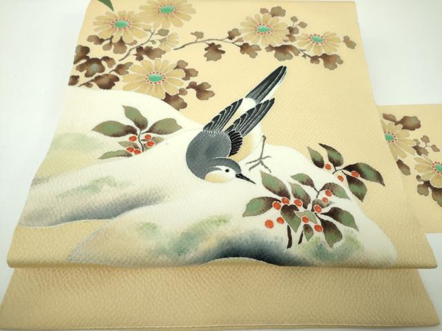 平和屋着物●九寸名古屋帯 休み鳥 南天 草花文 正絹 逸品 DABE5577ps