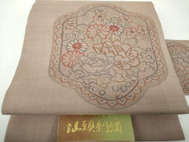 平和屋着物●中国三大刺繍 スワトウ刺繍 汕頭刺繍 総刺繍 九寸名古屋帯 紬地 草花文 証紙付き 正絹 逸品 未使用 DABE5579ps