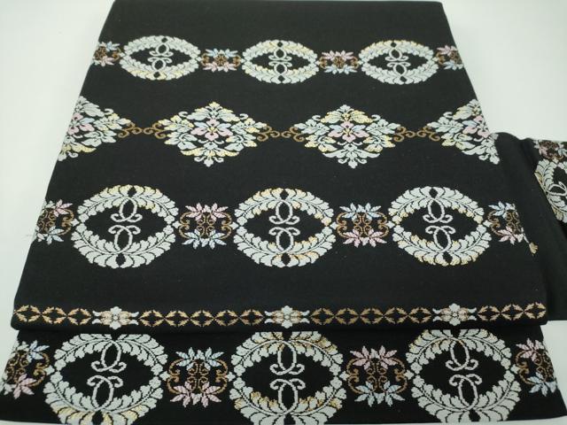 平和屋着物●九寸名古屋帯 唐織 花菱文 黒地 金糸 正絹 逸品 DABE5580ps
