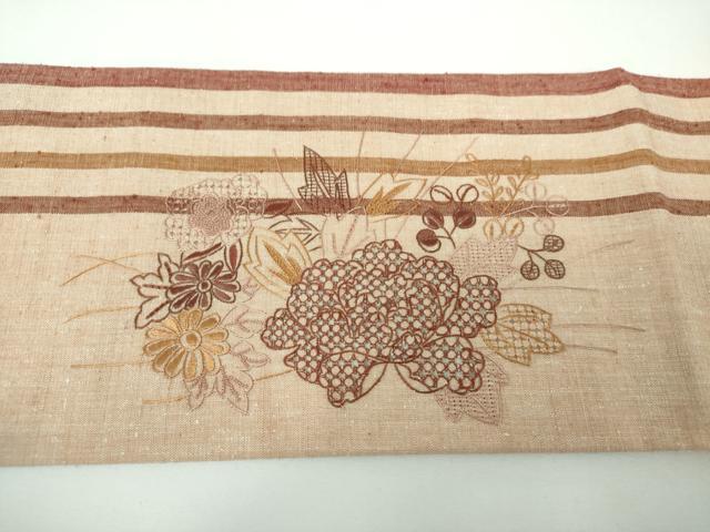 平和屋着物●中国三大刺繍 スワトウ相良刺繍 汕頭相良刺繍 総刺繍 九寸名古屋帯 紬地 草花文 正絹 逸品 DABE5584ps