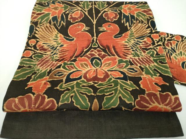平和屋着物●九寸名古屋帯 紬地 型染 更紗花鳥文 黒地 正絹 逸品 DABE5601ps