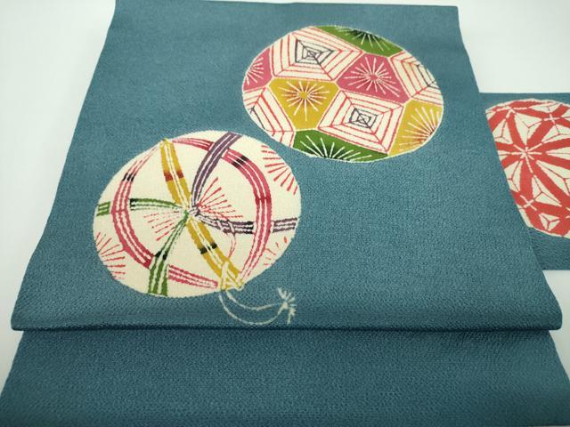 平和屋着物●九寸名古屋帯 型染 手毬 鬼しぼ縮緬 三越扱い 正絹 逸品 DABE5608ps
