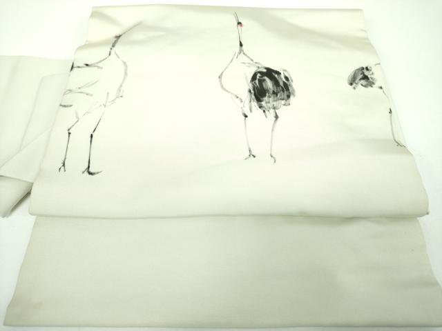 平和屋着物●塩瀬 つけ帯 手描き 立鶴 正絹 逸品 DABE5618ps
