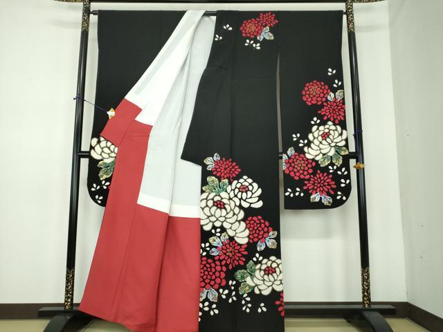 平和屋着物●豪華振袖 舞花文 黒地 金彩 正絹 逸品 DABE5650ps