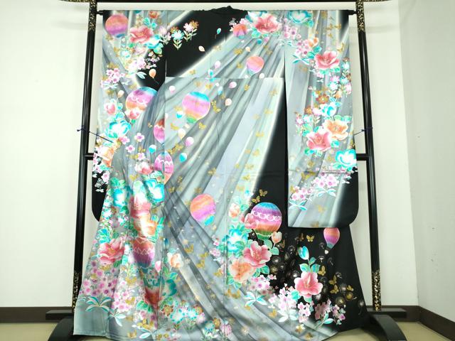 平和屋着物●豪華振袖 舞蝶花文 気球 綿毛 暈し染め 金銀彩 正絹 逸品 DABE5654ps